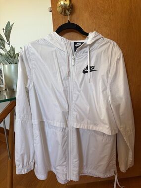 Nike White Hooded Windbreaker with Black Swoosh